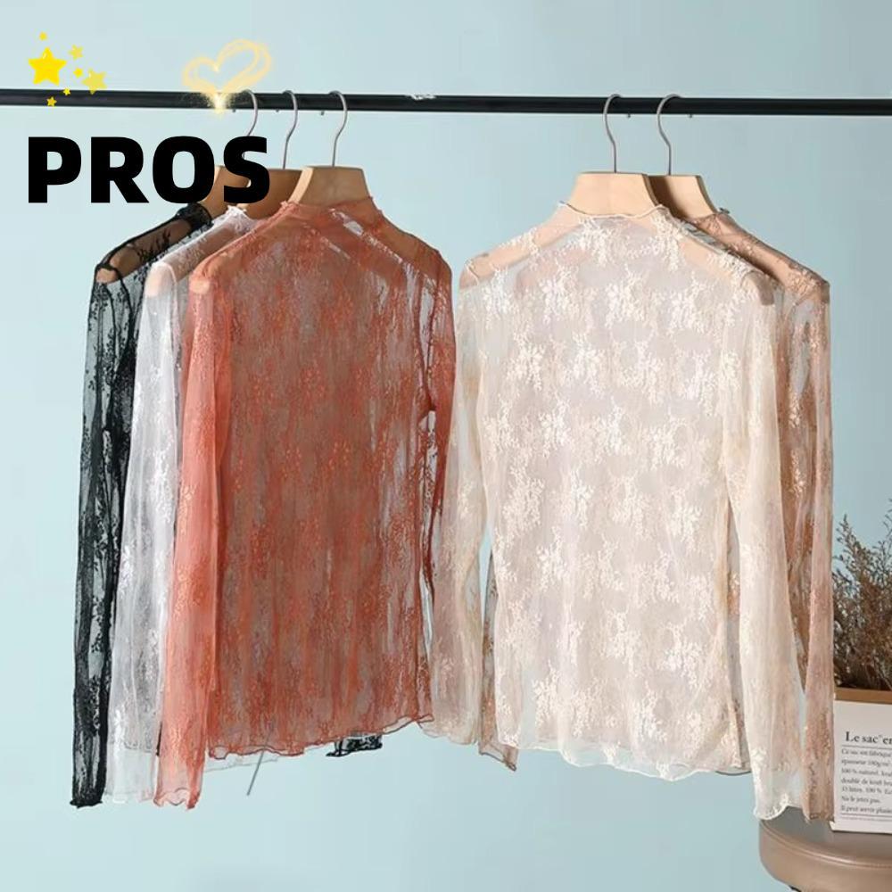PROS T-Shirt Tops, เสื้อเบลาส์แขนยาวตาข่าย, ท็อปส์ซูสุภาพสตรีสีดําซีทรู