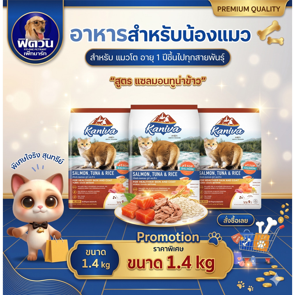 Kaniva SALMON TUNA & RICE(ADULT) อ.แมวโต1ปีขึ้นไป สูตรปลาแซลมอน,ทูน่า,ข้าว 3 KG.{อาหารแมวเม็ด}