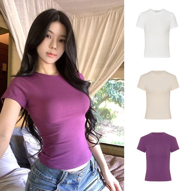 [สินค้าใหม่] Moses Queen/Moss Queen Showing Figure โครเชต์เอวตรงไหล่เสื้อยืดผู้หญิงฤดูร้อน Slim-fit 