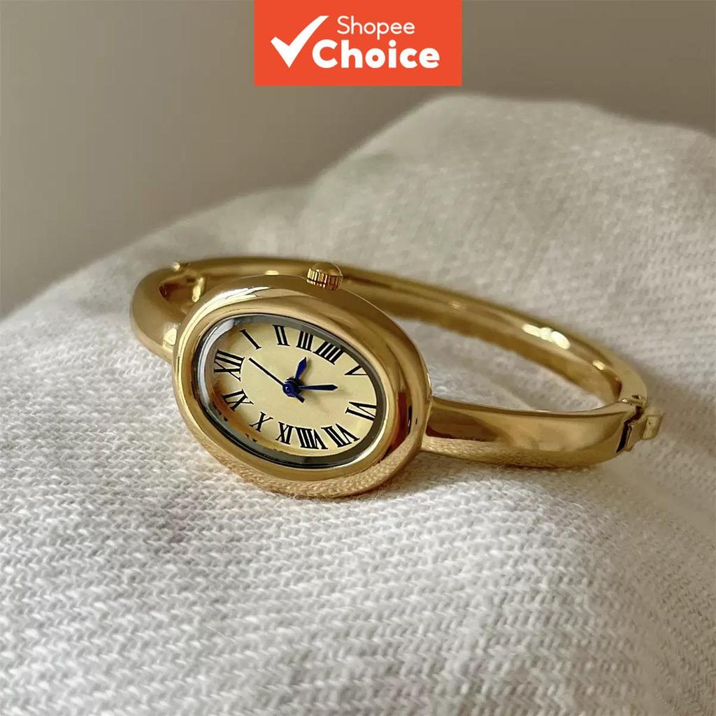 สําหรับผู้หญิง Retro Roman Dial รูปไข่กรณีกําไลข้อมือนาฬิกา Minimalist Quartz Elegant Daily นาฬิกาข้อมือ