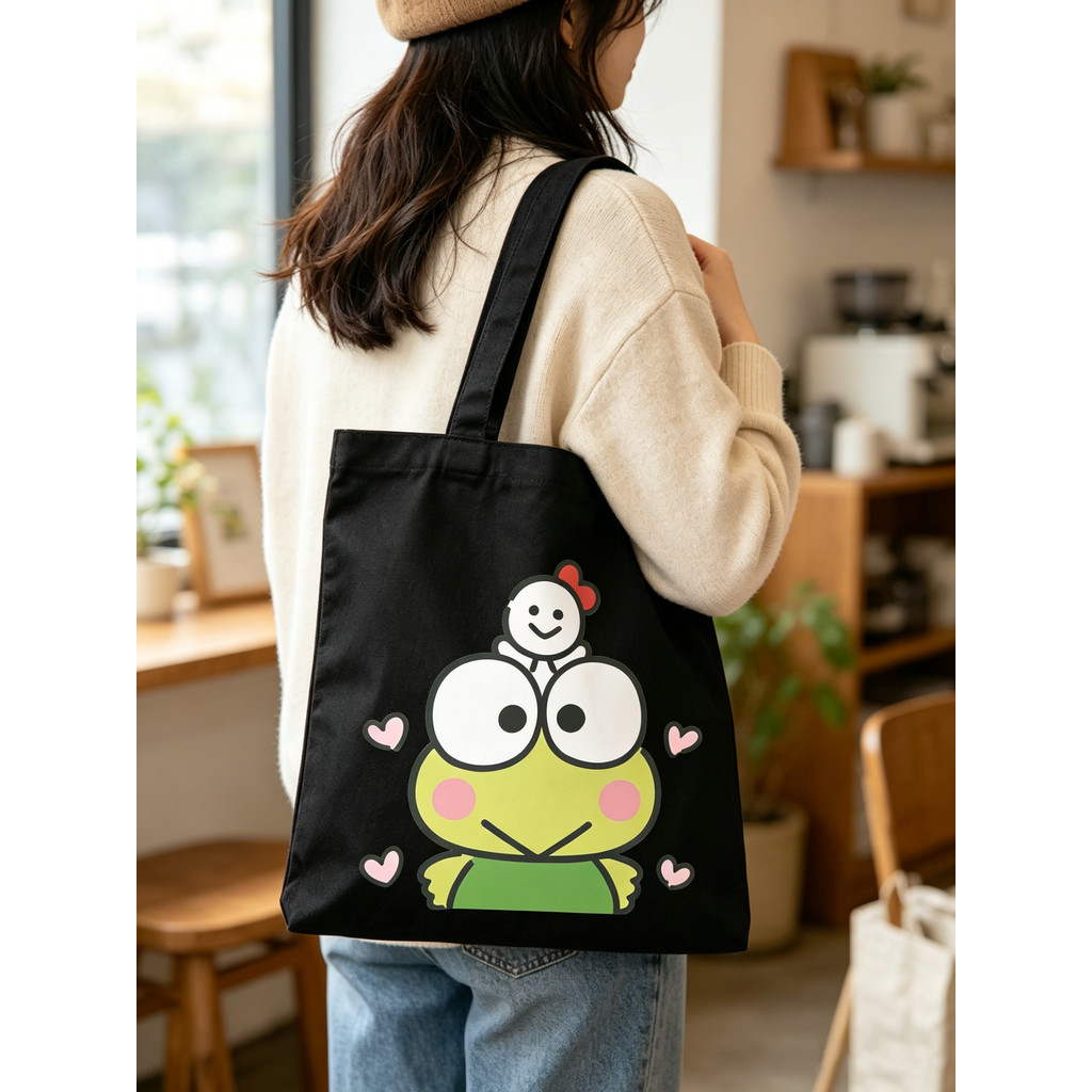 Keroppi Frog Canvas Tote Bag กระเป๋าสะพายลําลองความจุขนาดใหญ่สําหรับนักเรียนและสํานักงานสุภาพสตรี,หลายตัวเลือกที่มีอยู่