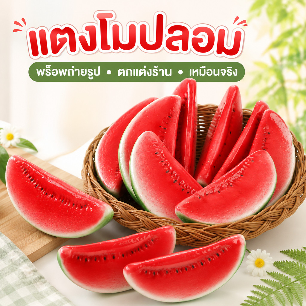 แตงโมปลอม ผ่าซีกเหมือนจริง วัสดุโฟมน้ำหนักเบา พร็อพผลไม้ปลอมตกแต่งคาเฟ่ ร้านอาหาร ตู้โชว์ ถ่ายรูปสินค้า