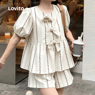 Lovito เสื้อเบลาส์ลําลองผู้หญิง ผูกด้านหน้า ชายระบาย ลายพิมพ์ สําหรับฤดูใบไม้ผลิ/ฤดูร้อน L190ED141