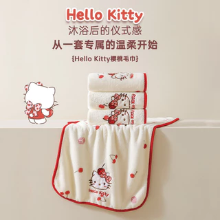 Hello Kitty Cherry Series ชุดเดรสอาบน้ําขนแกะปะการังสามารถสวมใส่สามารถห่อน้ําดูดซับน้ําแห้งเร็วเสื้อคลุมอาบน้ําสไตล์เจ้าหญิงน่ารัก