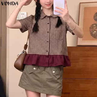 VONDA เสื้อผ้าสไตล์เกาหลีสำหรับผู้หญิง ลายสก๊อตวินเทจ แขนสั้นและขอบกระโปรงห่อนิ่มน่ารัก