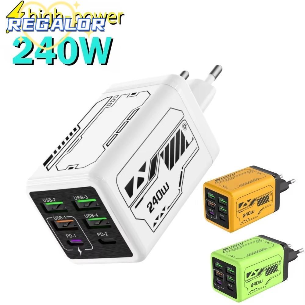 REGALOR0G อะแดปเตอร์ชาร์จโทรศัพท์, PD QC3.0 USB A+C 240W ปลั๊กชาร์จ, EU/US/UK Fast Charging 6 พอร์ต 