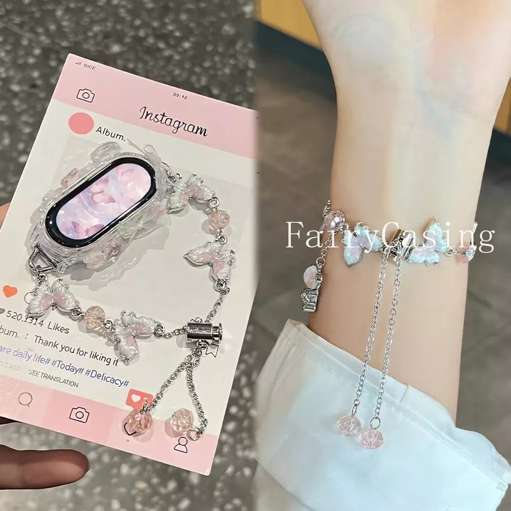 สายโซ่ผีเสื้อสีชมพูสําหรับ Xiaomi Mi Band 10 9 8 7 6 5 4 3 Miband 8Pro 9 Pro 10pro สร้อยข้อมือเปลี่ยนสายรัดข้อมือ