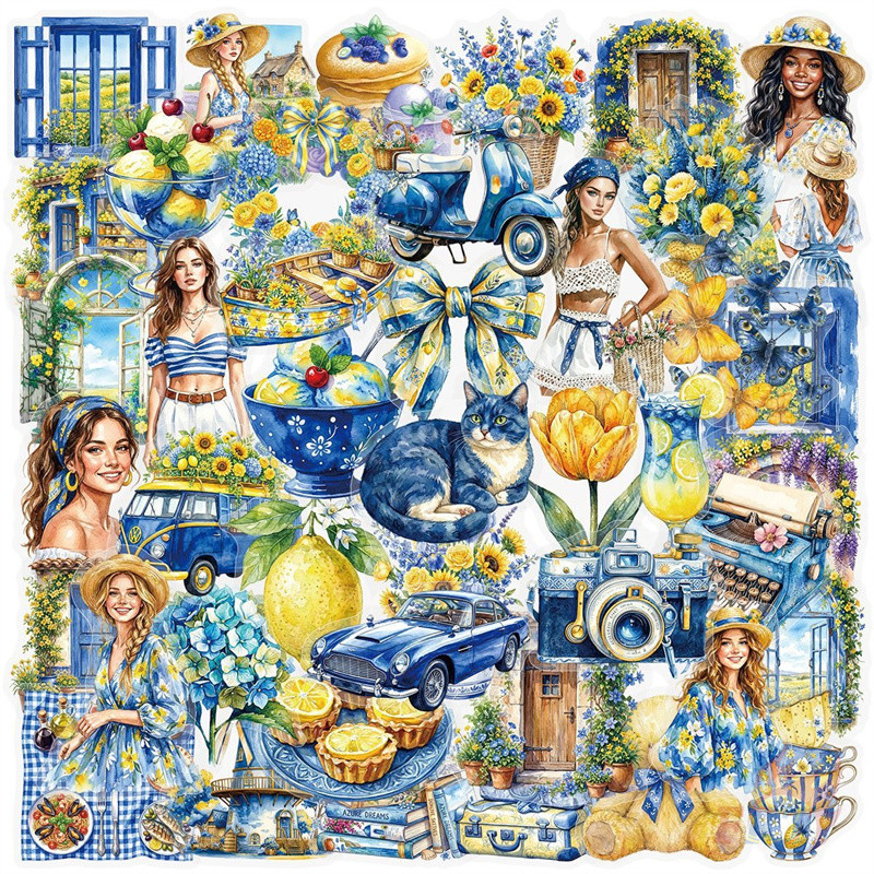 ❉ Blue & Yellow Country Life . สติ๊กเกอร์ PET ศิลปะสีน้ํา ❉ 50 ชิ้น/เซ็ตกันน้ําแฟชั่น DIY Doodle Decals สติ๊กเกอร์