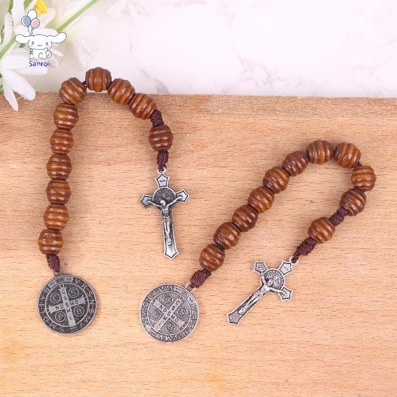 [San] Saint Benedict Medal Pet สวดมนต์ลูกประคําคาทอลิกลูกปัดไม้สีน้ําตาลพร้อมเหรียญ Saint Benedict แ