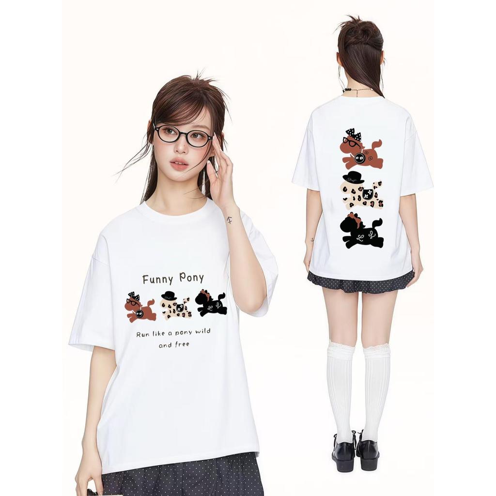 เสื้อยืดลายหมาไส้กรอกสุดคิ้วท์ สำหรับผู้หญิงเสือยืด Oversize ลายวินเทจเกาหลี ผ้าคอตตอน 100% ADX0225