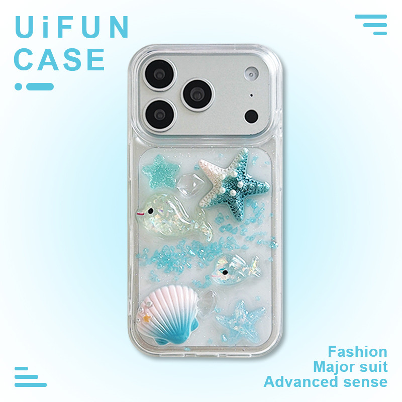 Dreamy 3D Ocean ปลาดาวเปลือกหอย Dolphin อีพ็อกซี่เคสโทรศัพท์สําหรับ iPhone 17 16 15 14 Plus 13 12 11 Pro Max 15Plus TPU Shock Proof ปลอกโปร่งใสปกหลัง