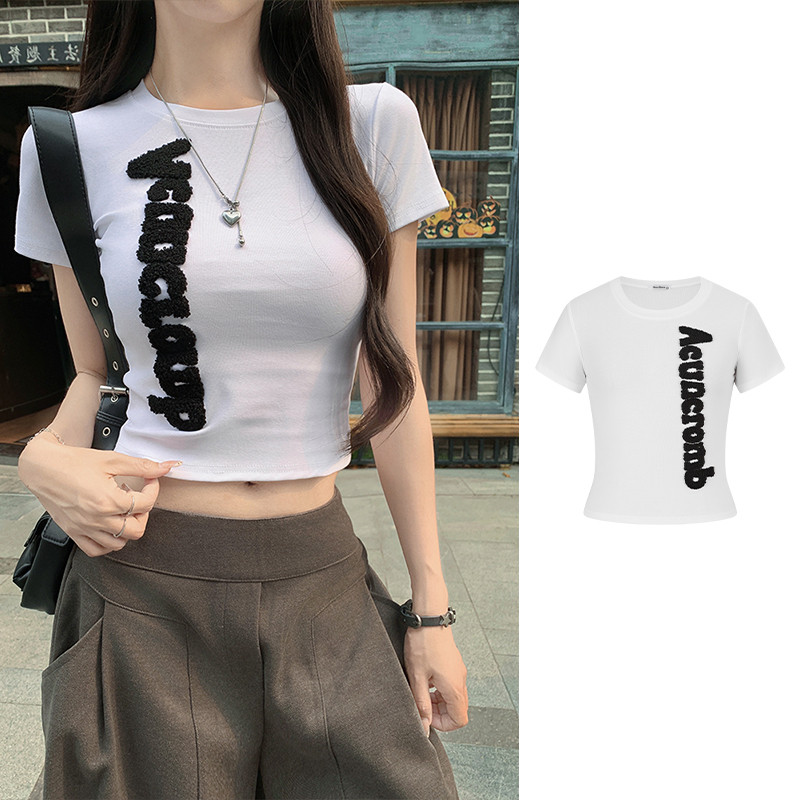 <Moss Queen> เสื้อยืดแขนสั้นสไตล์อเมริกันย้อนยุคพร้อมตัวอักษรที่ไหล่ด้านบนทรงเข้ารูปฤดูร้อน