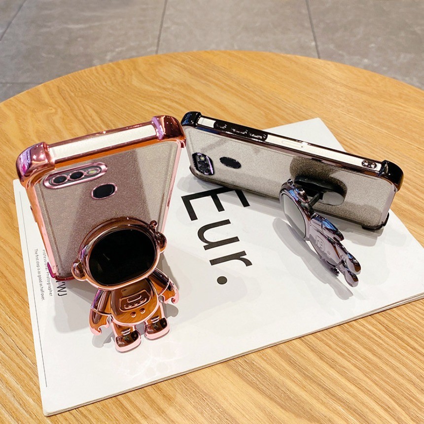 กันกระแทกนักบินอวกาศพับขาตั้งผู้ถือGlitterชุบสําหรับOPPO A12 A12e A7 AX7 A7X A5S AX5S AX5 A3Sกรณีฝาค