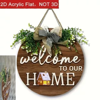 SHOUH ป้ายต้อนรับทรงกลม 2D, สไตล์ย้อนยุค 2D แบนรอบ Doorplate, Warm Home แขวนไม้กระดานตกแต่งบ้าน