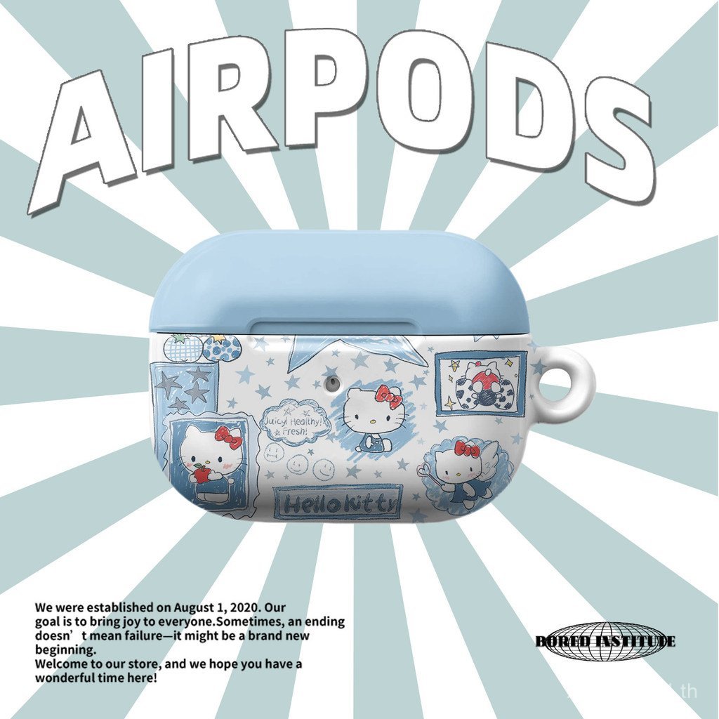 HelloKitty การ์ตูนน่ารัก AirPods4 เคสป้องกัน 3 Blue Girly สไตล์ AirPodsPro3 รุ่นที่สองฟิล์มหูฟัง TRU