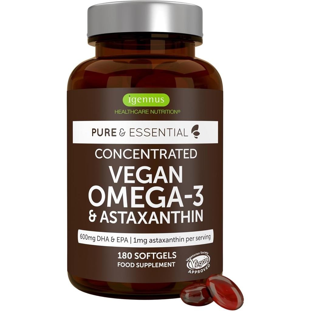 Igennus Vegan DHA & EPA Omega 3 90 เสิร์ฟ, 1344mg Algae Oil & Astaxanthin, Lab Test Pure & Sustainab
