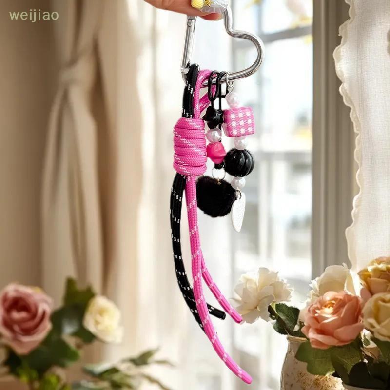[WEI] เชือกถักน่ารัก Love Beaded Fluffy Ball พวงกุญแจจี้ Bapa Charm โทรศัพท์กระเป๋าโซ่ Hang Girl DIY