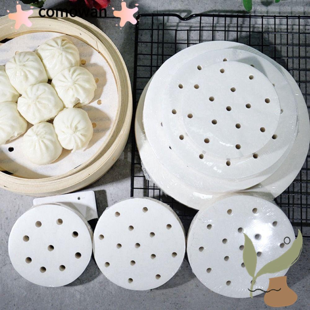 COMOWAN 100 ชิ้น Steamer กระดาษ, ทิ้งรอบ Buns ขนมอบกระดาษไม่ติด, 4/5/6/7/8in Buns Pad กระดาษครัวทําอ