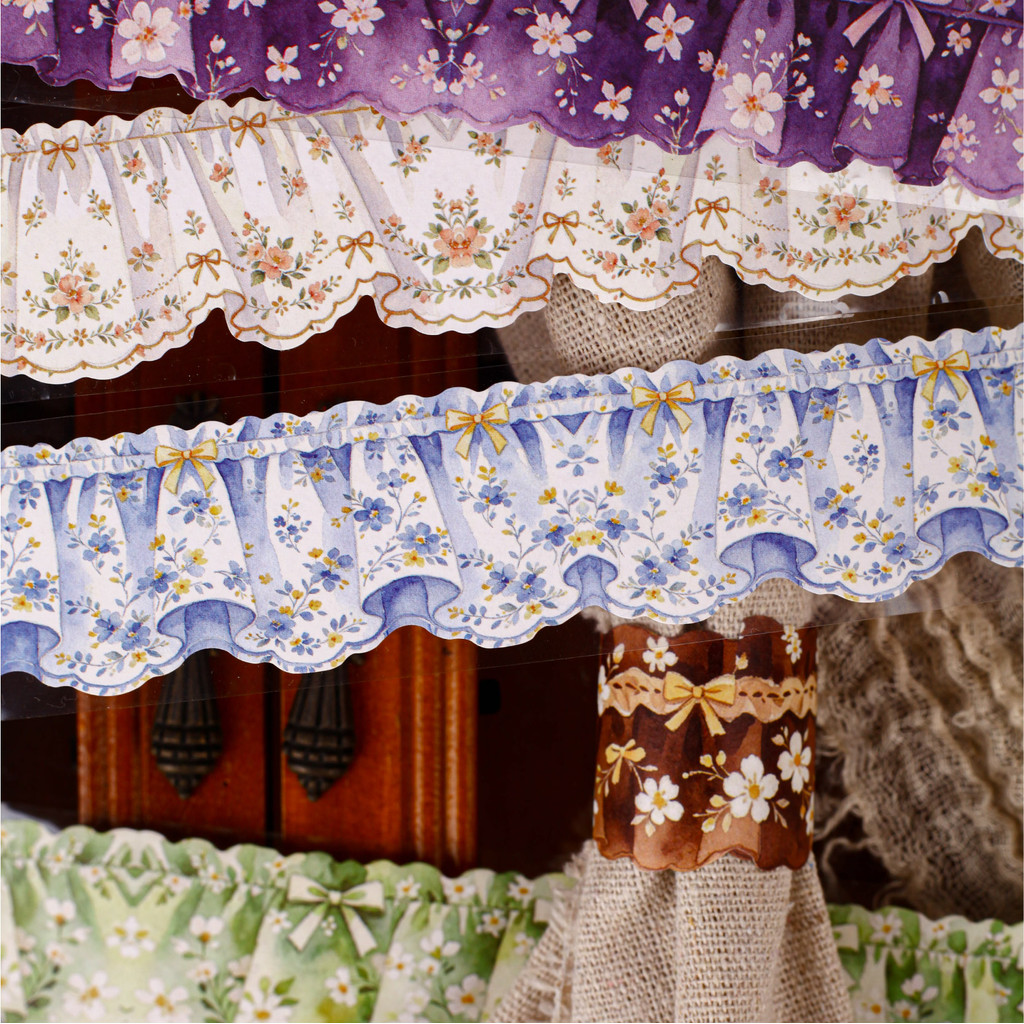 QOUZMO Vintage Floral Lace Washi Tape, ผ้าผ้าม่าน Series 3 ซม.2m Die Cut Tape, Self กาวสําหรับสมุดภาพ Journal Handmade Craft
