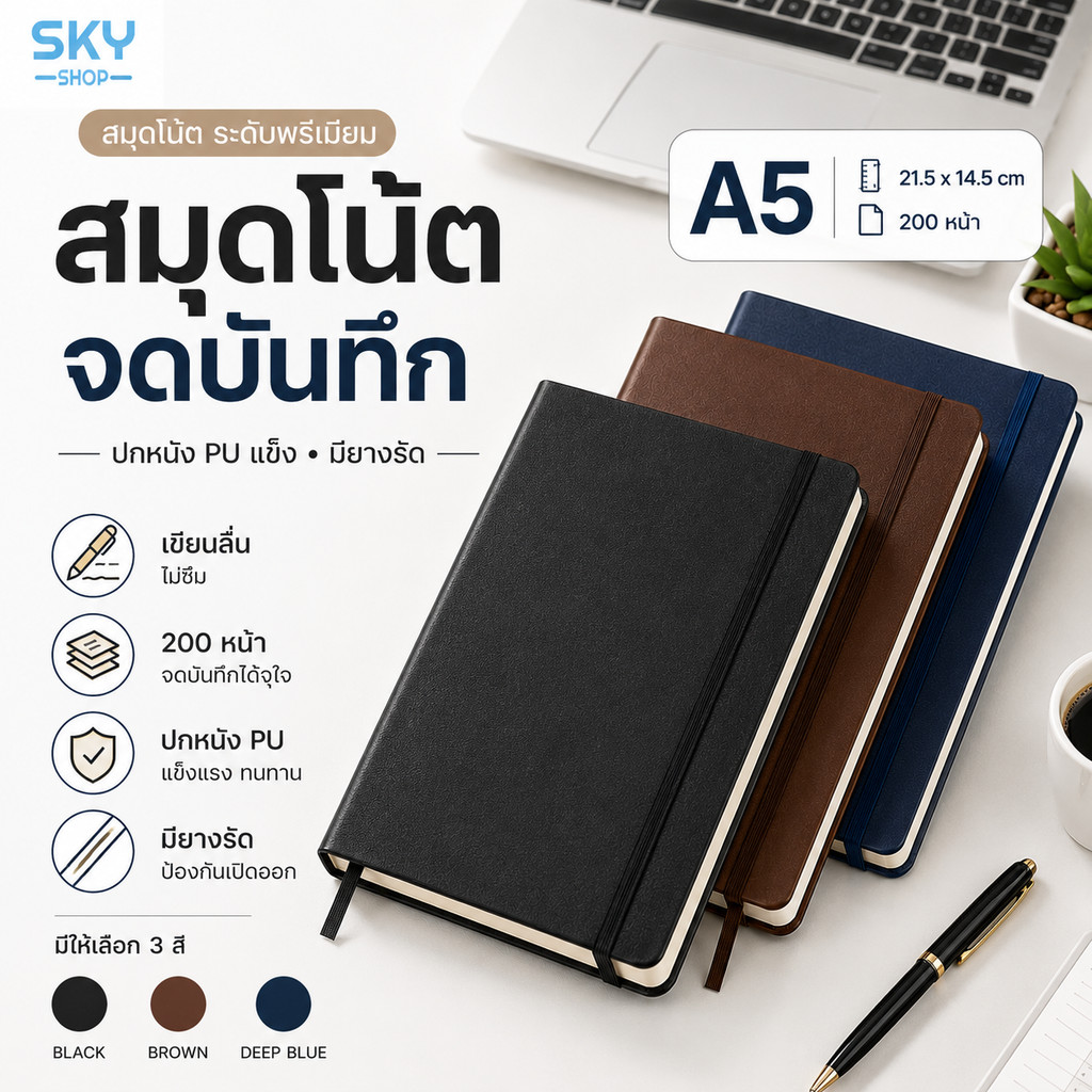 SKY สมุดโน้ต A5 ปกหนังPU สมุดบันทึก 200 หน้า กระดาษหนา เขียนลื่น ไม่ซึม มียางรัด สมุดไดอารี่ Notebook Writing Notebook