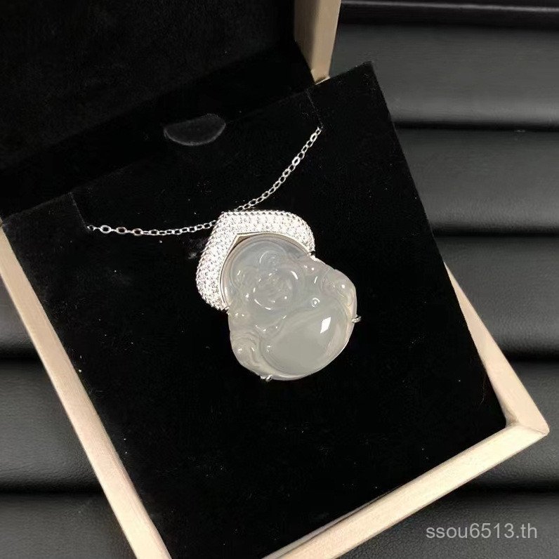 ฝังหยก s925 สร้อยคอพระพุทธรูปจี้เงิน Collarbone ชายจีนหญิงพระพุทธรูป Chalcedony เงินสูงจี้น้ําแข็งให