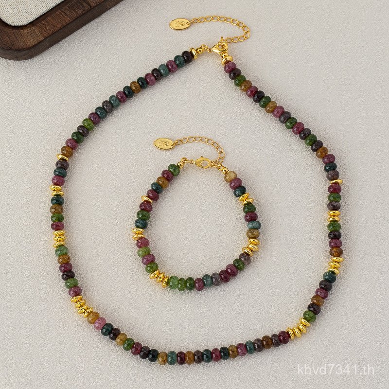 ลูกคิดหินวินเทจสไตล์จีนสร้อยคอทัวร์มาลีนการออกแบบสีผสมเดิมสายรุ้งลูกปัดสไตล์จีนสีทัวร์มาลีนโดปามีนซี