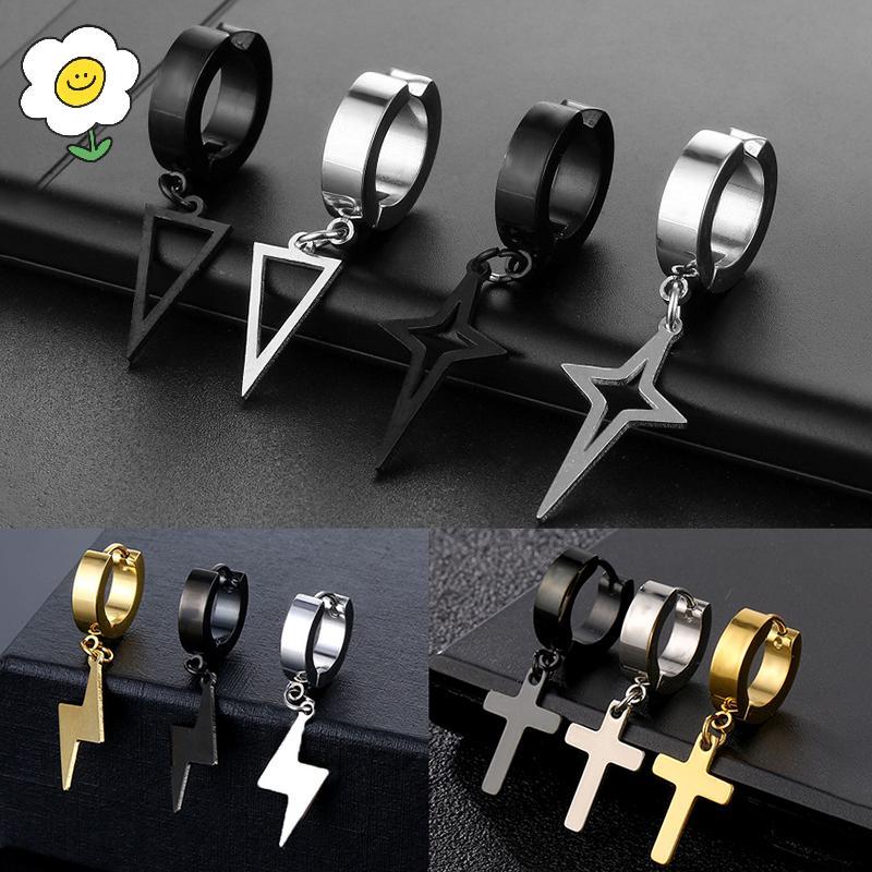 {}maoyting} 1 PC Unisex สแตนเลส Punk Man Bla คลิปบนต่างหูเรขาคณิตสามเหลี่ยม Star จี้ Dangle ต่างหูผู้หญิงเครื่องประดับโกธิค {COD}