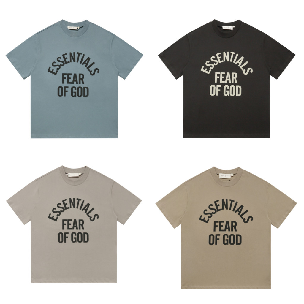 🆕ESSENTIALS Curved Letter เสื้อยืดแขนสั้นผู้ชายผู้หญิงสไตล์เดียวกันหลวม Dropped ไหล่ Casual All @