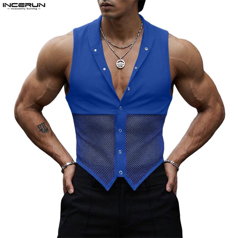 INCERUN Men Vintage Streetwear Stand Neck Mesh Splicing Single-Breasted Sleeve Tanks