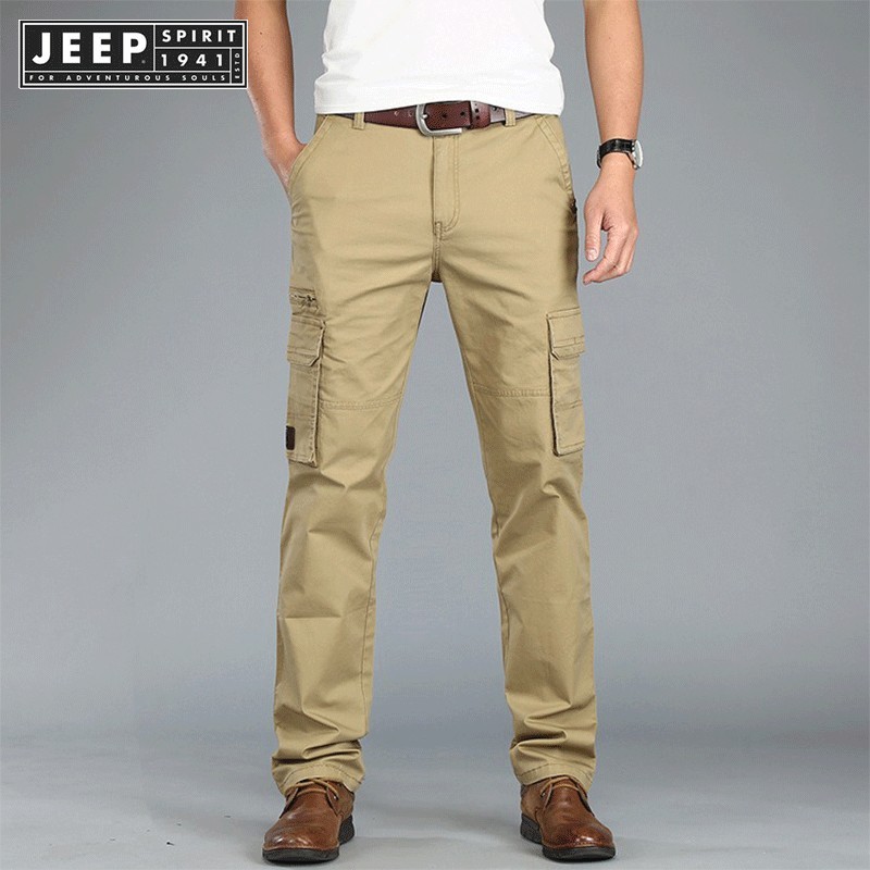 JEEP SPIRIT 1941 ESTD ผู้ชายหลวมสบายๆยืดหยุ่นหลายกระเป๋าฤดูร้อนกลางแจ้งขาตรงกลางเอวกางเกงอเนกประสงค์
