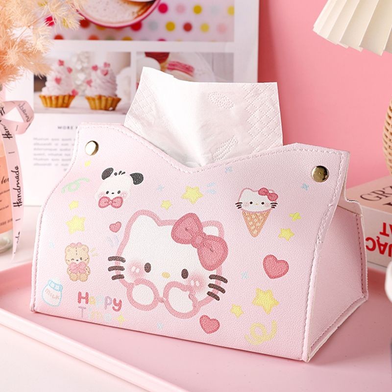 Hello Kitty กล่องทิชชู่การ์ตูนน่ารักกล่องกระดาษพรีเมี่ยมห้องนั่งเล่นในครัวเรือนเดสก์ท็อปกล่องกระดาษผ้าเช็ดปากสร้างสรรค์