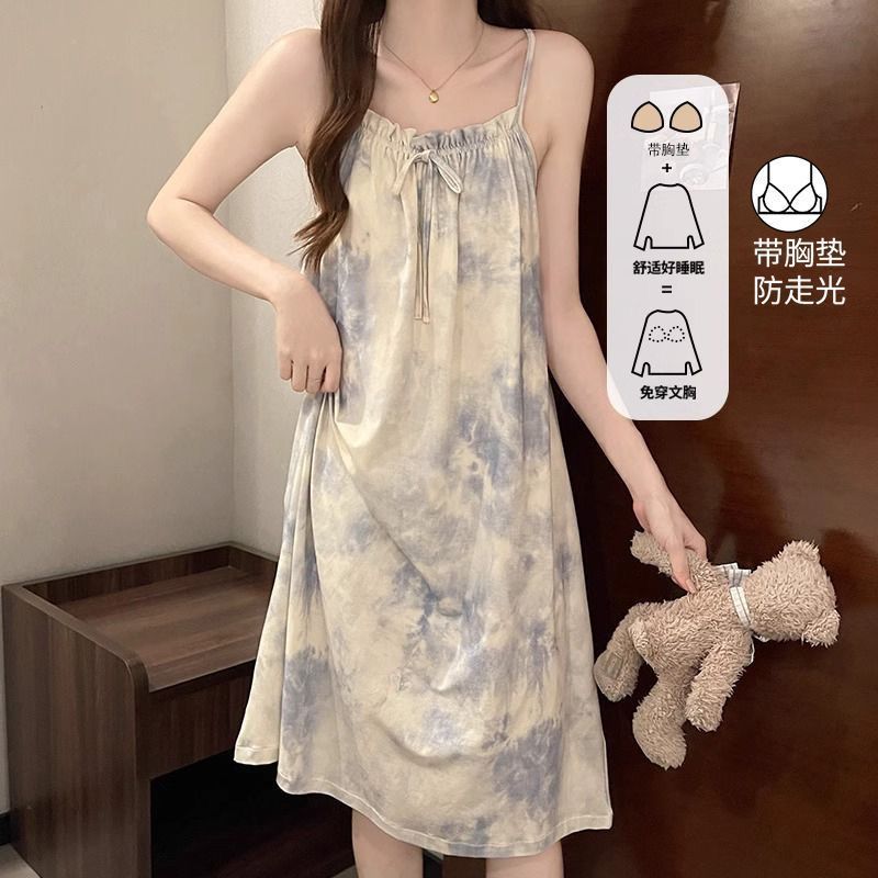 带胸垫吊带睡裙女纯棉夏季无袖背心薄款甜美宽松防凸点连衣裙睡衣Fuyang Princess style sleepwear with lace and sweet camisole, girls' p