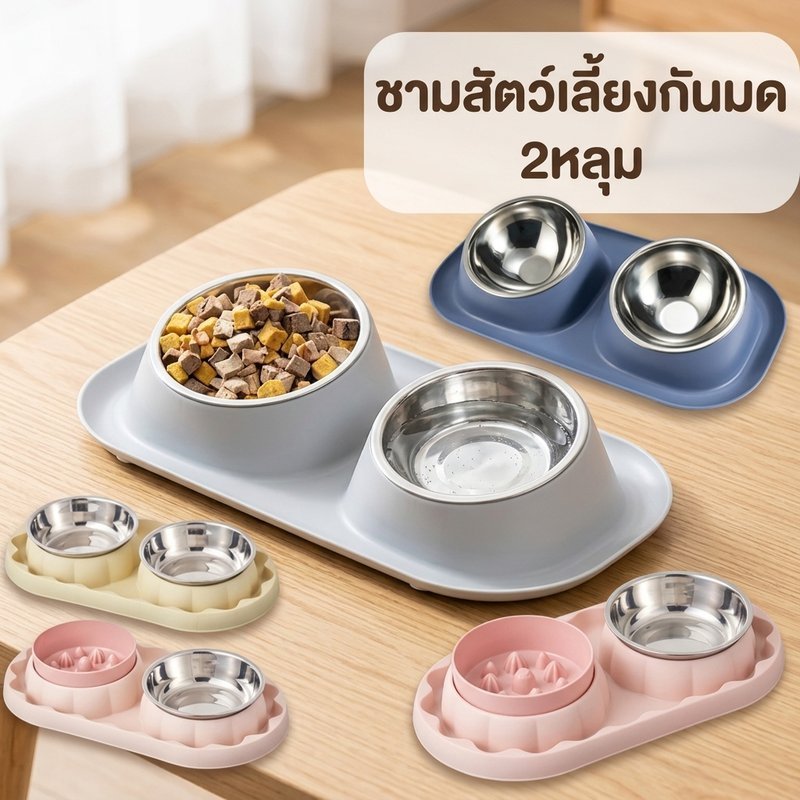 ชามข้าวสัตว์เลี้ยง 1 หลุม ถอดล้างได้ ชามอาหารกันมด ชามสแตนเลส สำหรับสุนัข แมว