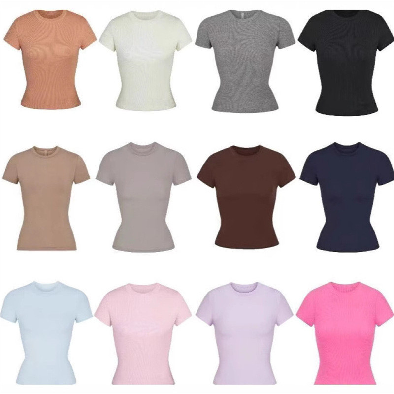 skims Kim Kardashian top t Short-sleeved stretchy slim-fit ribbed pure cotton crew neck base shirt