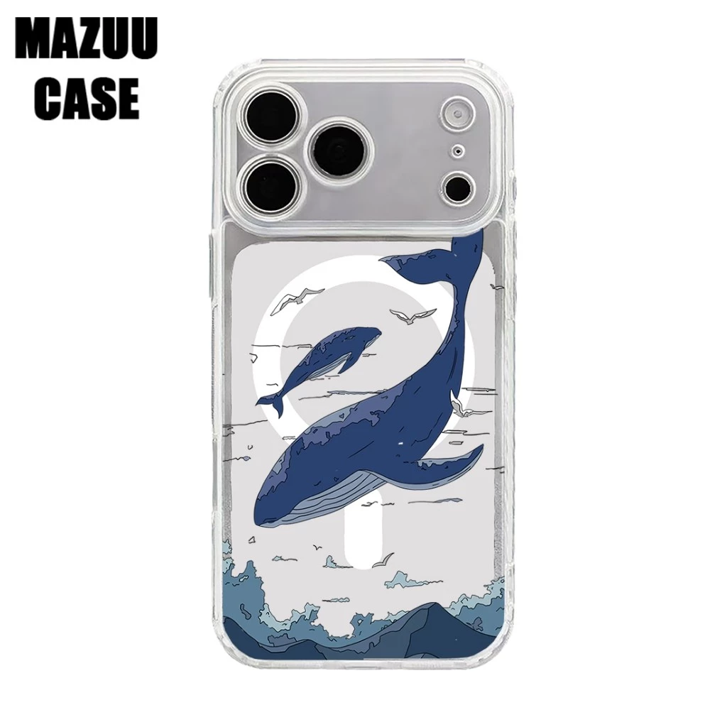 เคสไอโฟน TPU ใส แม่เหล็ก มีลายวาฬสีน้ำเงินสไตล์มินิมอล สำหรับ iPhone 17 16 15 14 13 12 11 Pro Max Plus