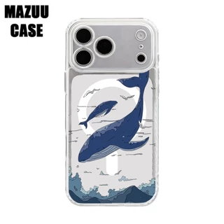 เคสไอโฟน TPU ใส แม่เหล็ก มีลายวาฬสีน้ำเงินสไตล์มินิมอล สำหรับ iPhone 17 16 15 14 13 12 11 Pro Max Plus