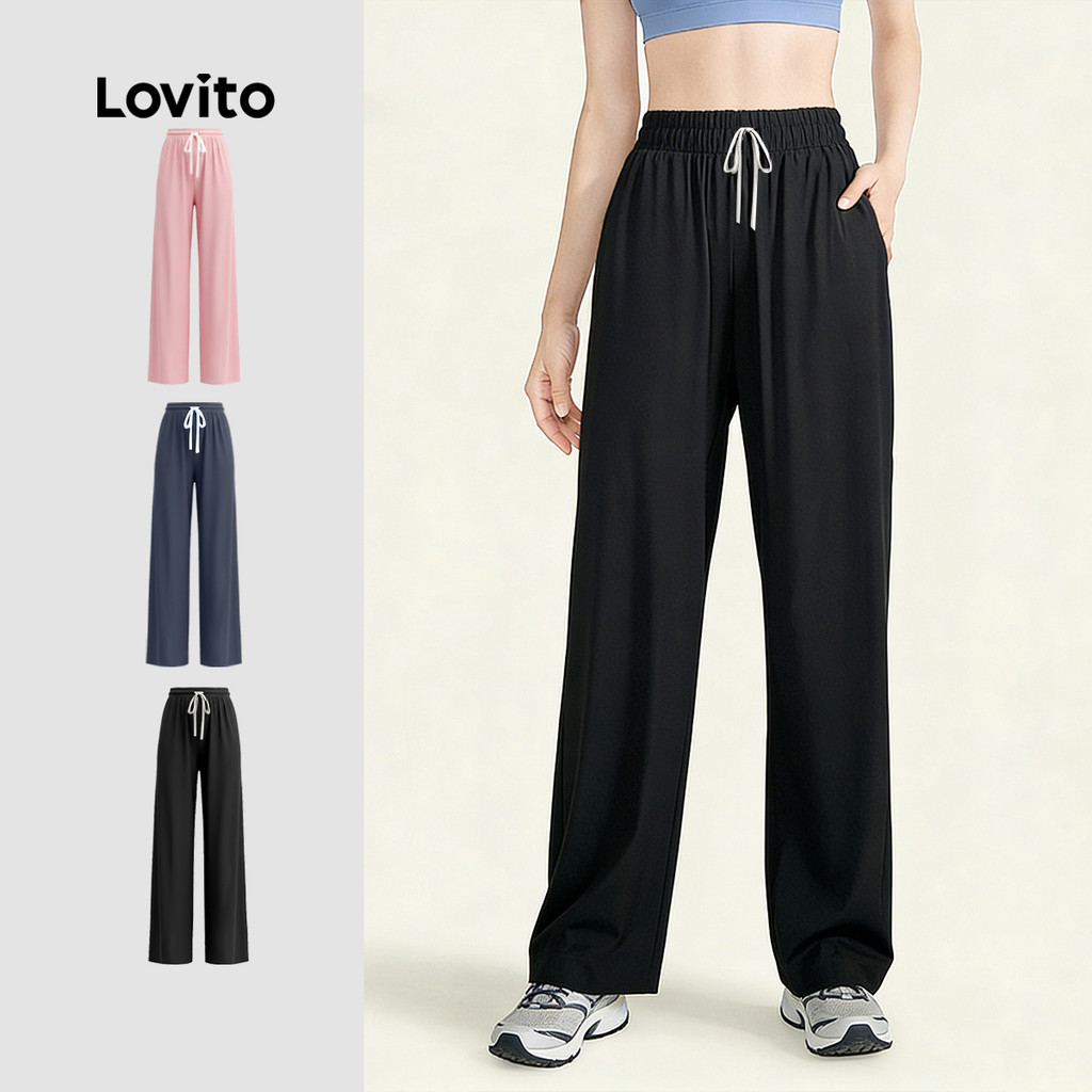 Lovito  กางเกงกีฬาสีดําเรียบง่ายสําหรับใส่กลางแจ้งสําหรับผู้หญิง LNA146015