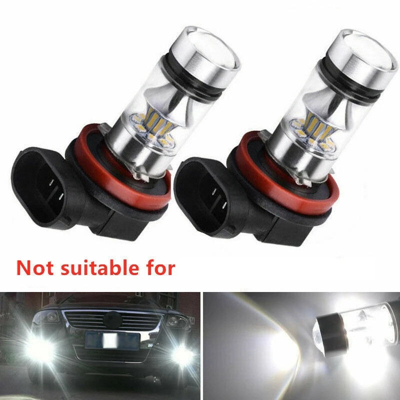 2X H8 H11 H16 6000K สีขาว 100W ไฟ LED หมอกหลอดไฟขับรถ DRL