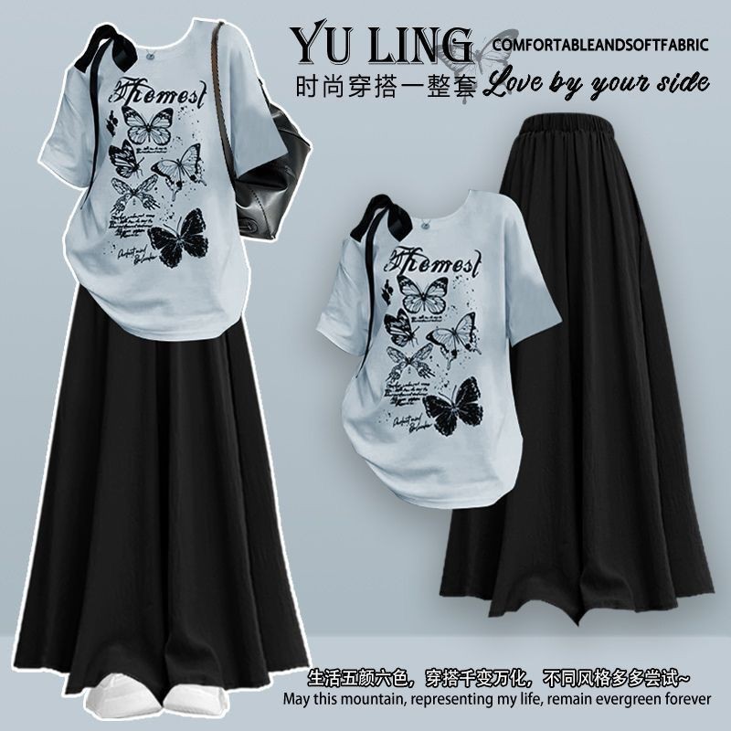 Miu Miu Miu เสื้อยืดแขนสั้นอินเทรนด์ + กางเกงขากว้างเอวสูงกระโปรงสองชิ้นอินเทรนด์ Miu Miu Miu Miu Mi