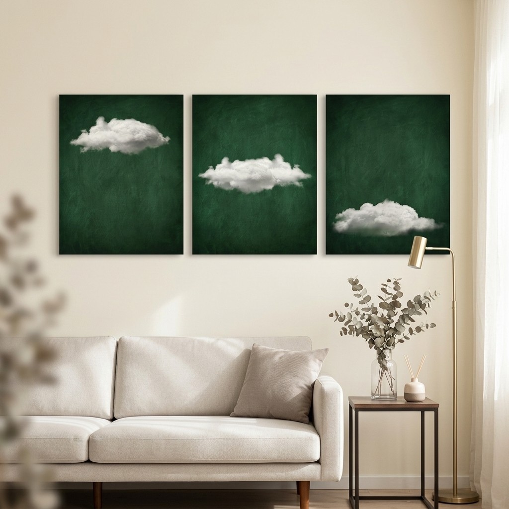 (พร้อมกรอบ)3ชิ้น พื้นหลังสีเขียวและโปสเตอร์กรอบเมฆภาพเมฆสร้างสรรค์ห้องนั่งเล่นที่ทันสมัยภายในผนังศิลปะตกแต่งภาพจิตรกรรมฝาผ