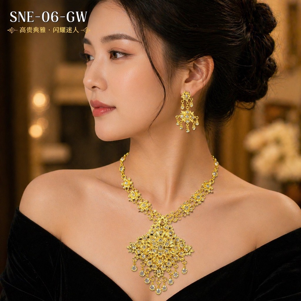 ชุดสร้อยคอพร้อมต่างหู ดีไซน์งดงามหรูหรา ใส่แล้วดูสง่างาม เหมาะงานบุญ งานแต่ง พร้อมส่ง