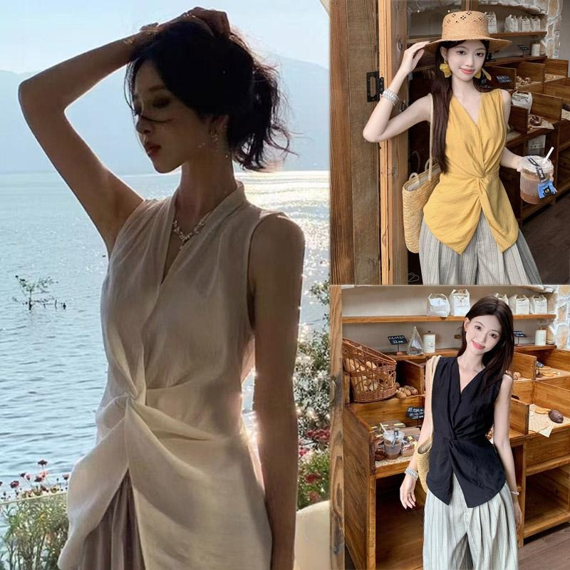 PoPpy#เสื้อเชิ้ตผู้หญิง ทรงเสื้อกั๊กคอวีติดกระดุม แขนกุด เหมาะสำหรับใส่ในฤดูร้อน มีหลายสีให้เลือก#99175