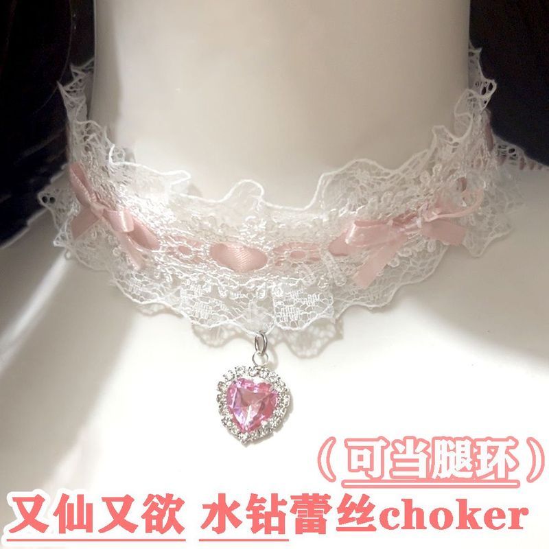 Pure Desire โบว์สีชมพูลูกไม้หัวใจ Rhinestone choker สร้อยคอ High-End Lolita อุปกรณ์เสริมสร้อยคอ 5.6d