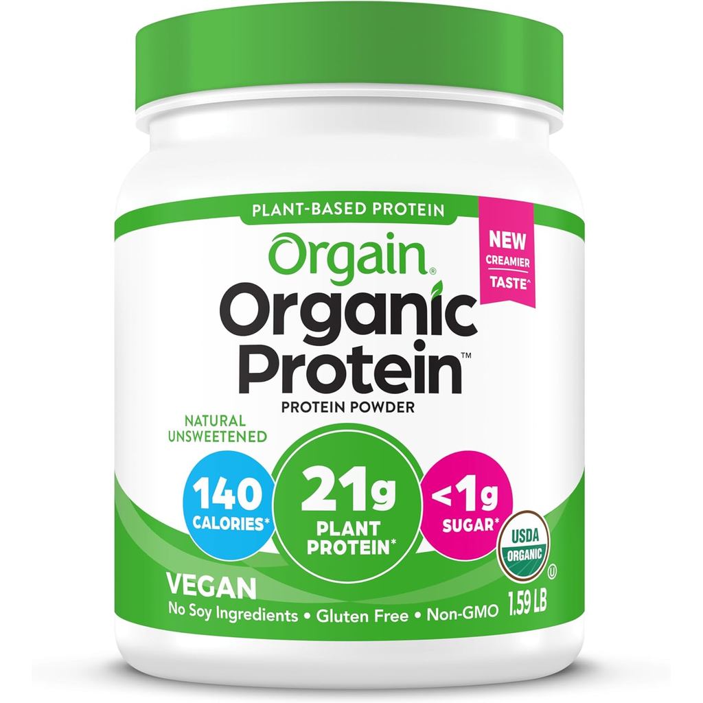 Orgain ผงโปรตีนวีแกนออร์แกนิก, โปรตีนผักไร้กลิ่นธรรมชาติ-21g, เส้นใยพรีไบโอติก 4g, พรีไบโอติกต่ําคลี