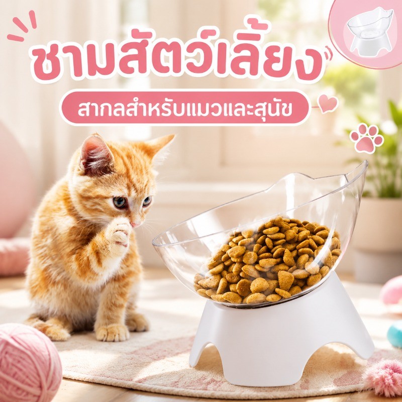 ชามอาหารสัตว์เลี้ยง ชามอาหารแบบเอียง15องศา ที่คล้องคอ ชามแมว