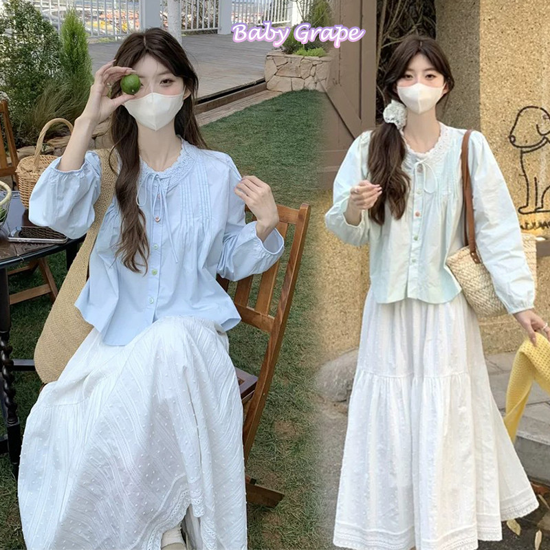 BG#เสื้อเบลาส์คอกลมแต่งลูกไม้จีบผูกด้านหน้าสำหรับผู้หญิงดีไซน์อ่อนโยนและดูอ่อนเยาว์ หลวมและเข้ารูปเหมาะสำหรับการสวมใW618