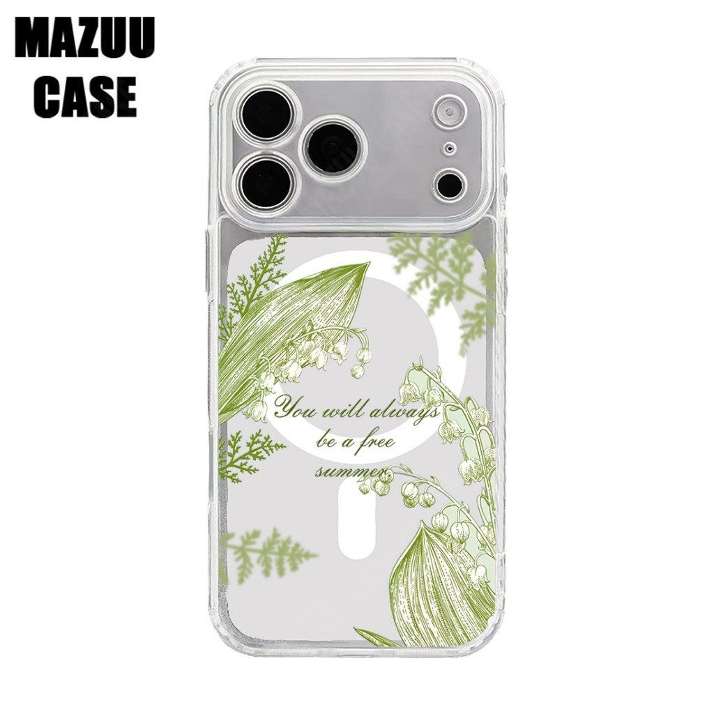 เคสไอโฟน TPU แม่เหล็กใส ปกป้องเลนส์เต็ม ลายดอกไม้สีเขียวสไตล์มินิมอล iPhone 17 16 15 14 13 12 11 Pro Max Plus
