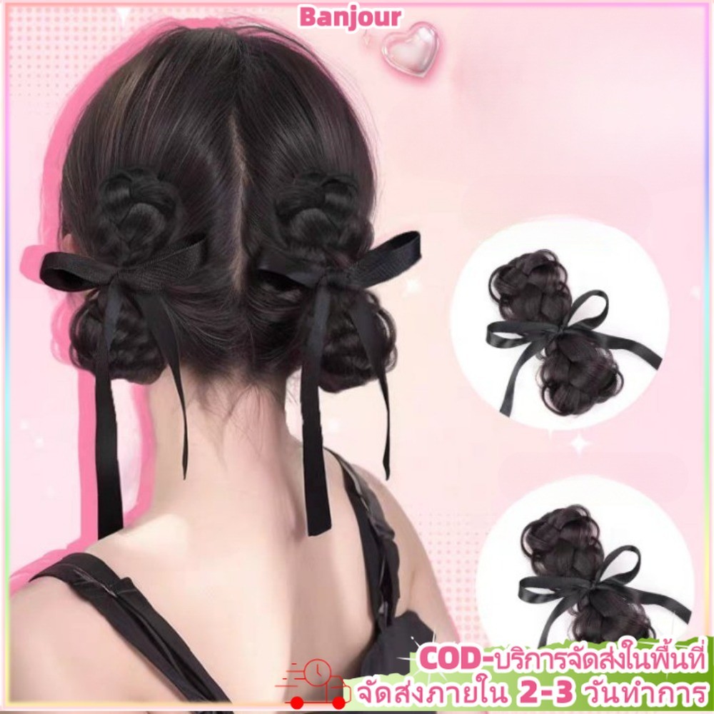 จําลองโบว์สีดําสาวบุญวิกผมหวานเย็นคลิปริบบิ้นหัวบอลคู่หางม้า