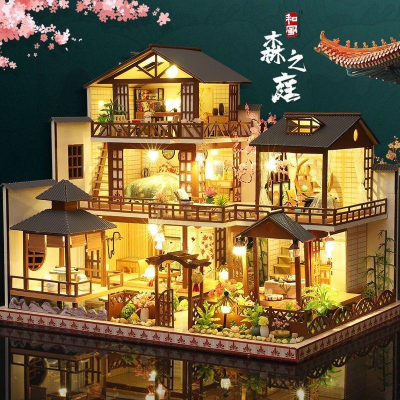 บ้านสวนป่า DIY สไตล์จีน, บ้านพักตากอากาศสไตล์จีน, ฉากจำลองลานบ้านแบบพาโนรามา, โมเดลไม้ขนาดใหญ่พร้อมไฟและของตกแต่ง