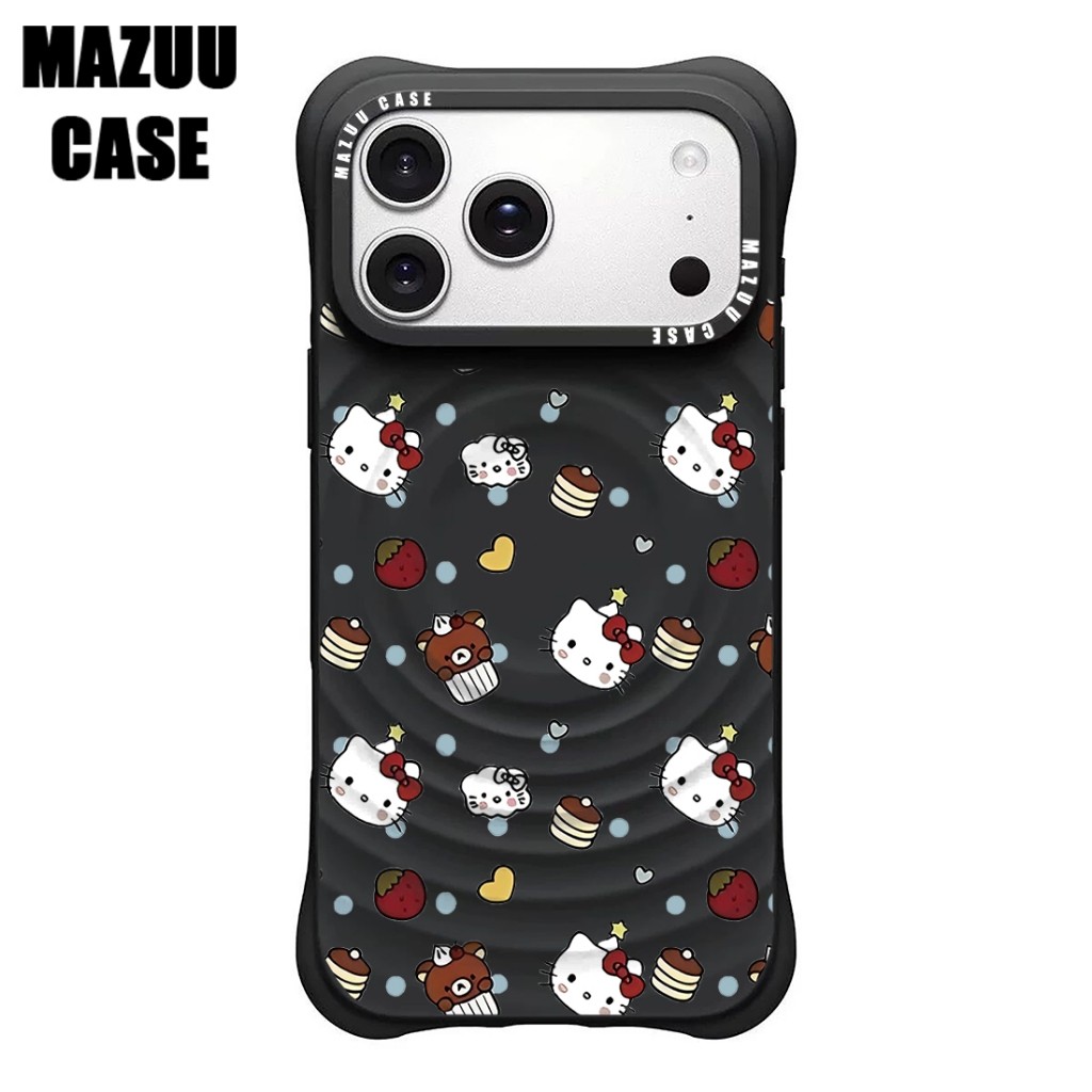 เคสไอโฟน แม่เหล็ก ลอนคลื่น กันกระแทกมุมหนา ซิลิโคนสีดำ ลาย HelloKitty หมีเค้ก เมฆ ลายจุด iPhone 17 16 15 14 13 12 11 Pro